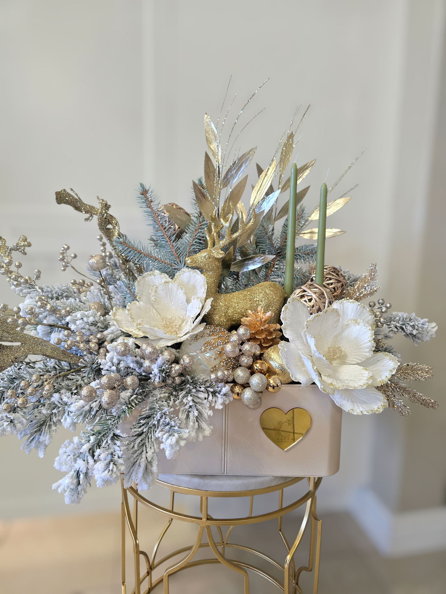 "Merry & Bright" Long & Low Gold Candle Arrangement