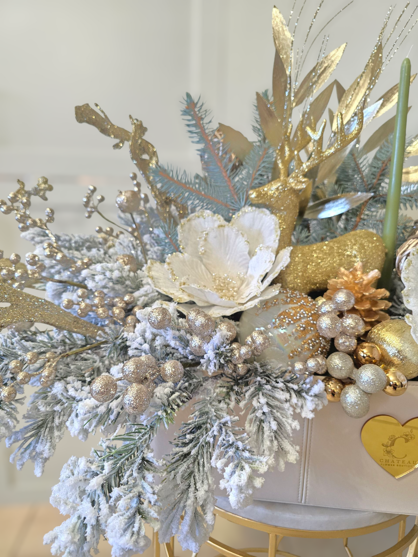 "Merry & Bright" Long & Low Gold Candle Arrangement