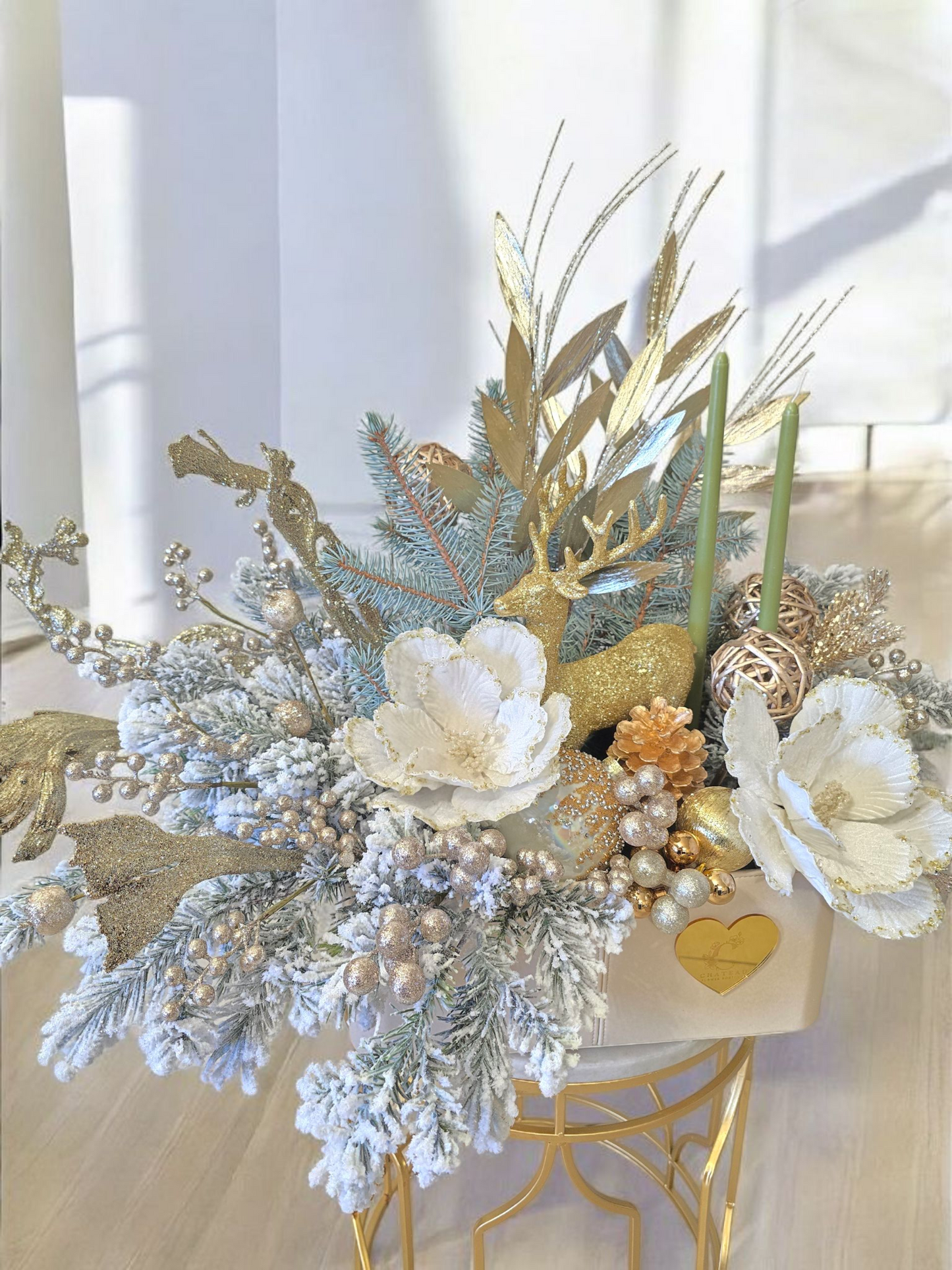 "Merry & Bright" Long & Low Gold Candle Arrangement