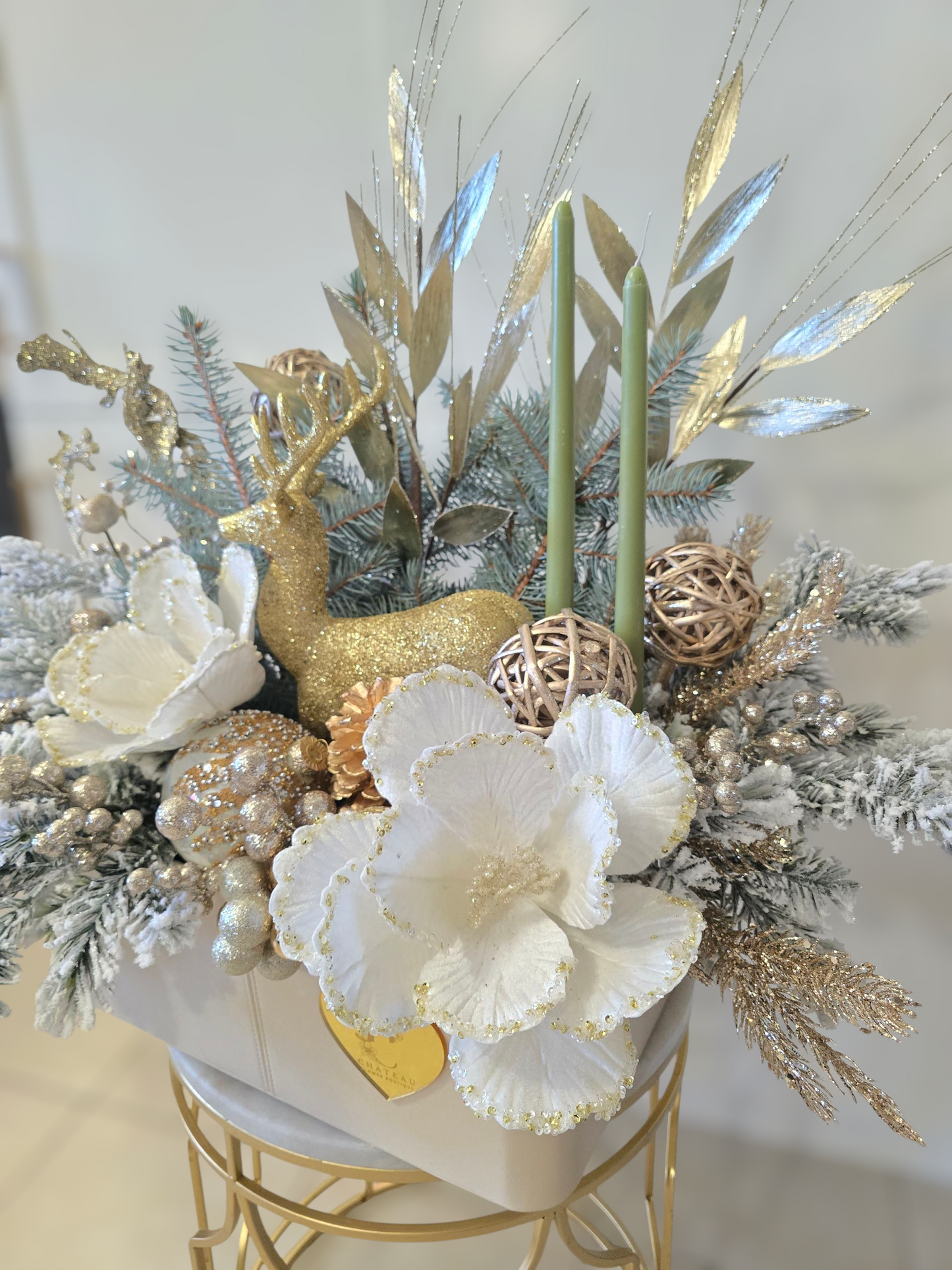 "Merry & Bright" Long & Low Gold Candle Arrangement