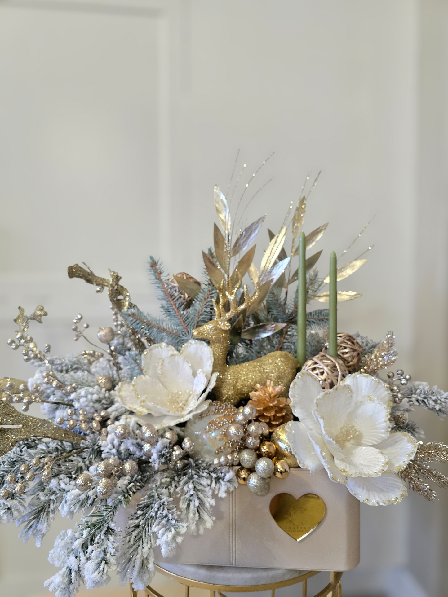 "Merry & Bright" Long & Low Gold Candle Arrangement